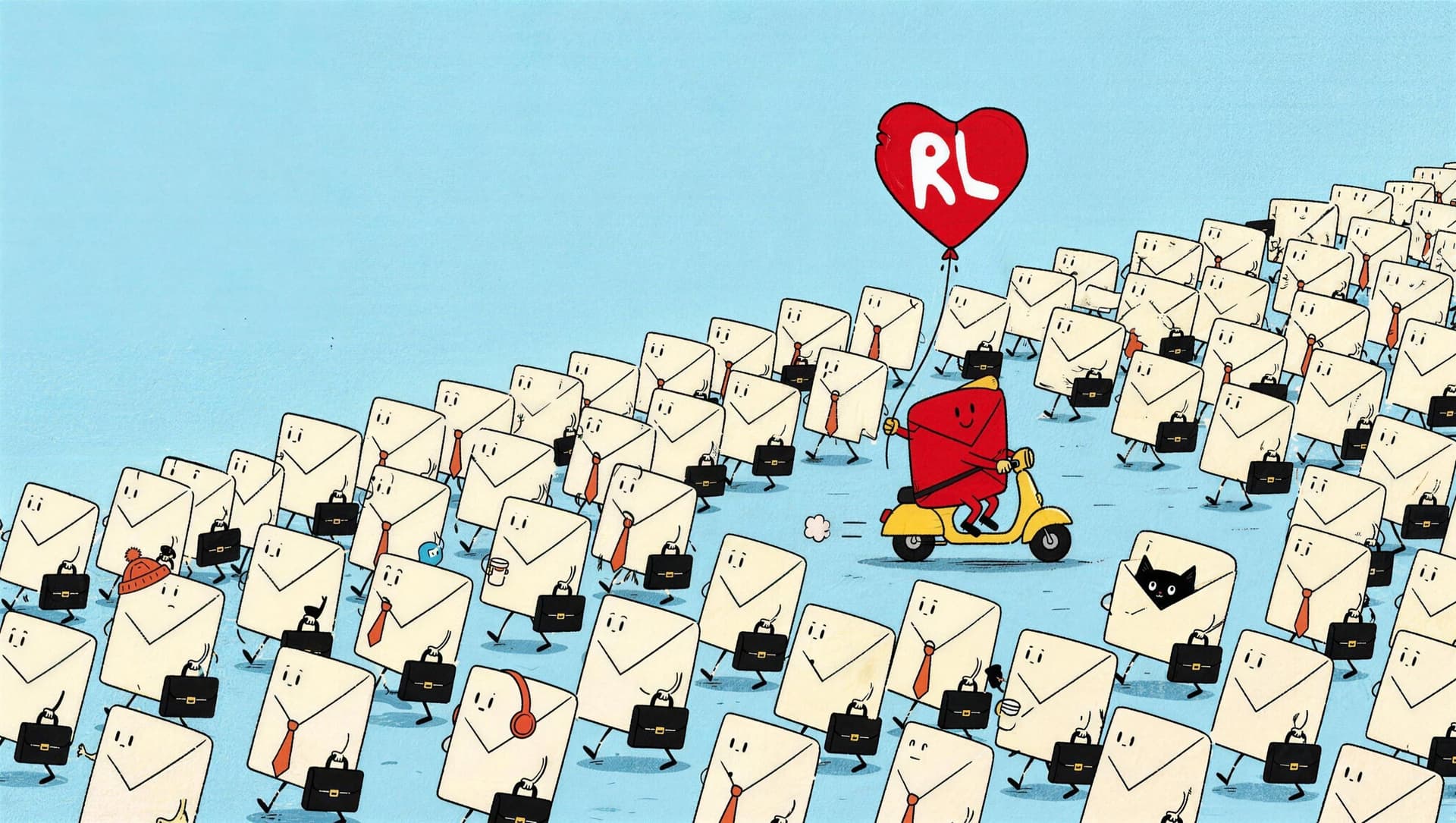 The RL heart balloon above a crowd of envelopes