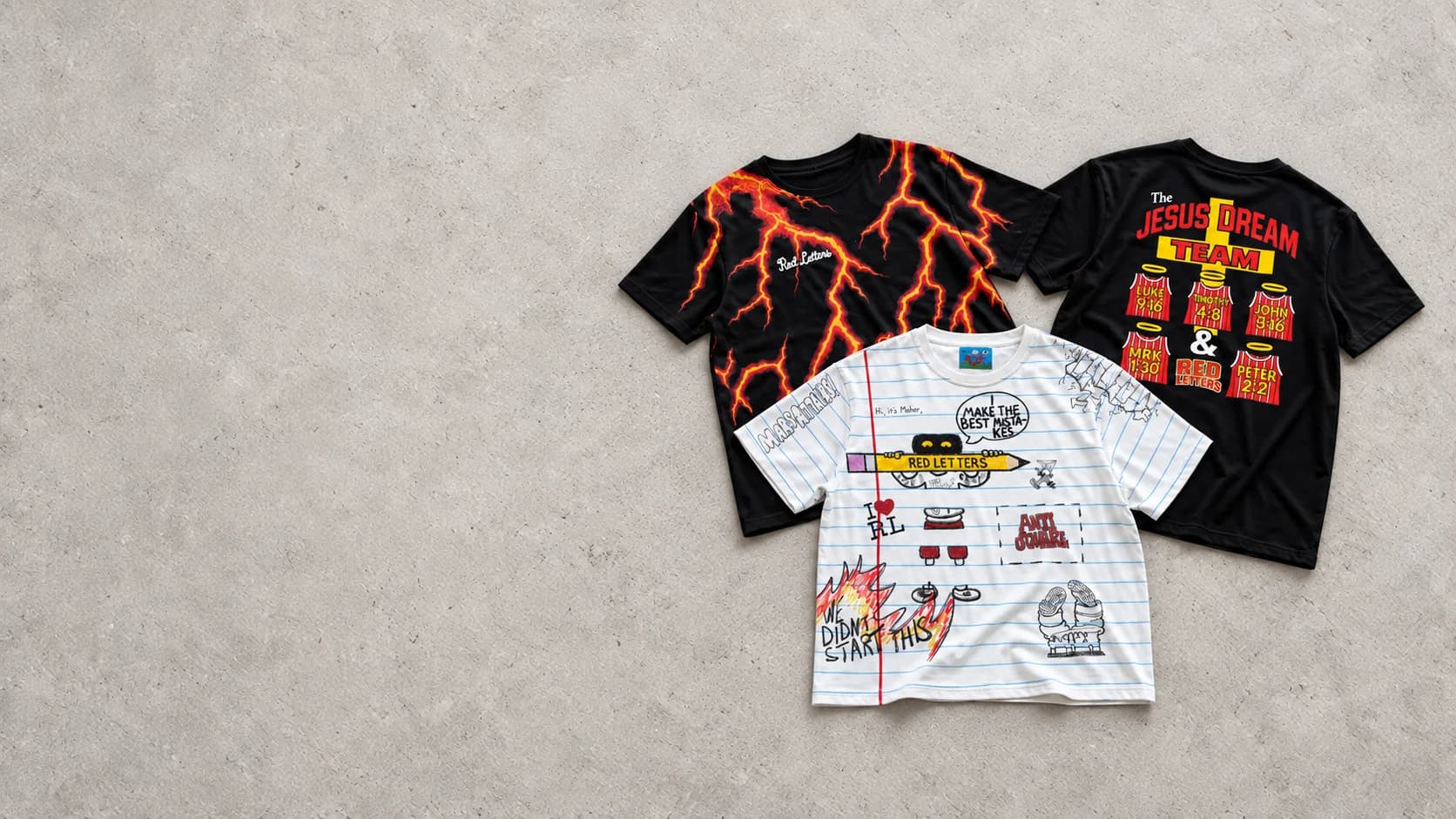 Red Letters FW26: Lightning Letters, Doodle and Jesus Dream tees