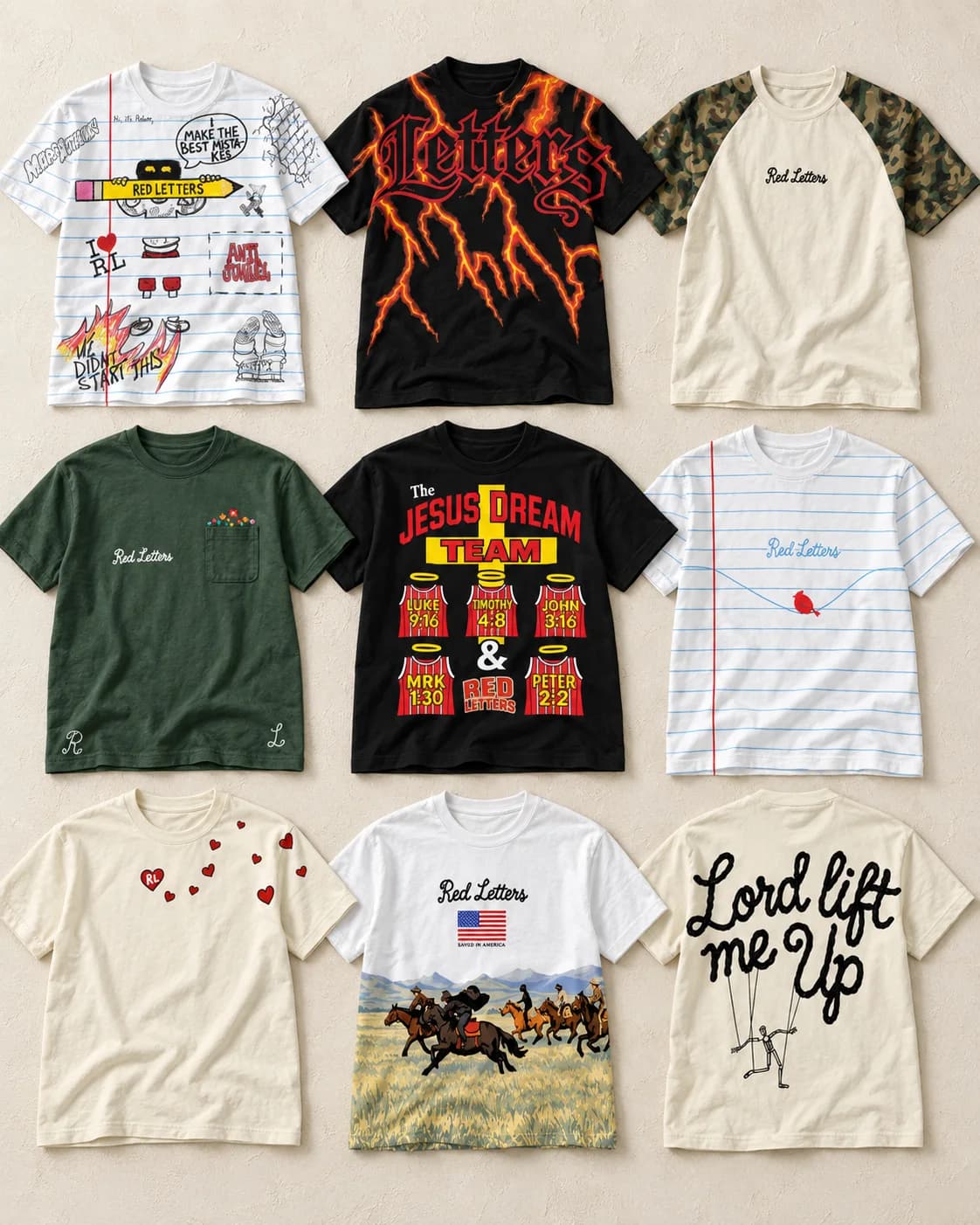 Red Letters FW26: nine graphic tees laid flat