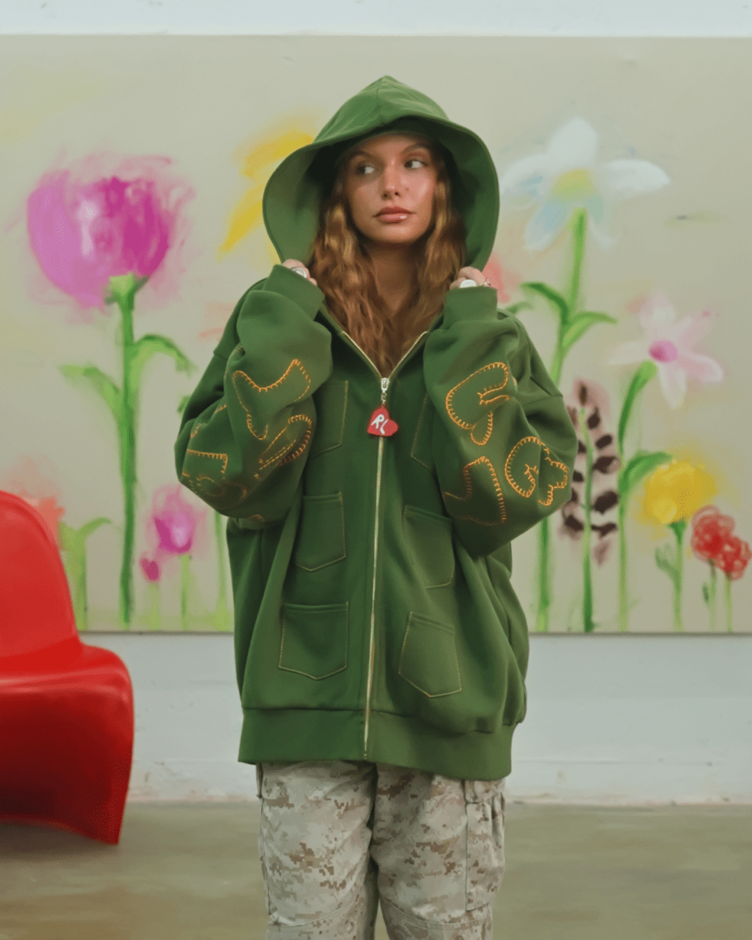 Just Pockets Scattered Zip Up - Moss - Red Letters
