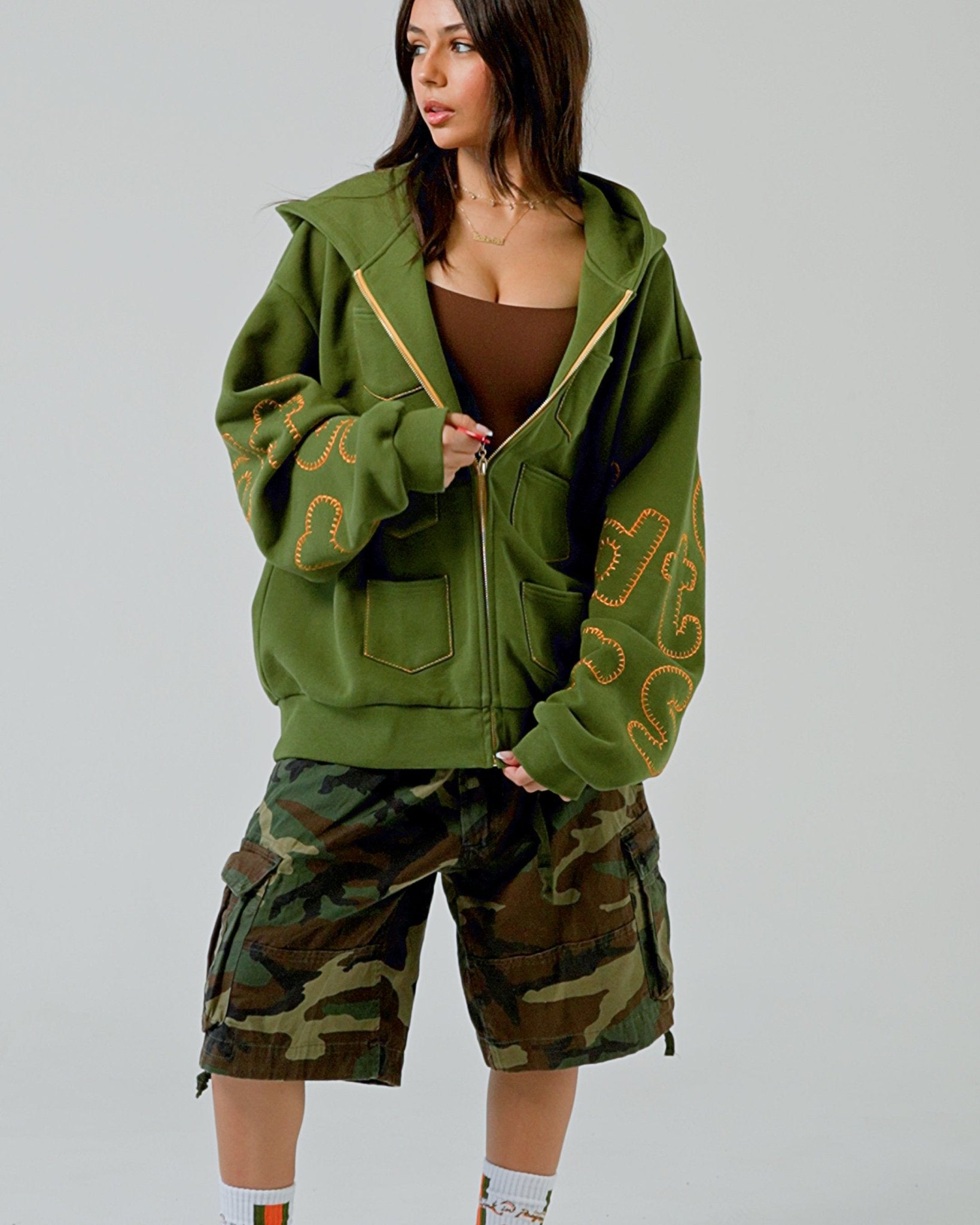 Just Pockets Scattered Zip Up - Moss - Red Letters