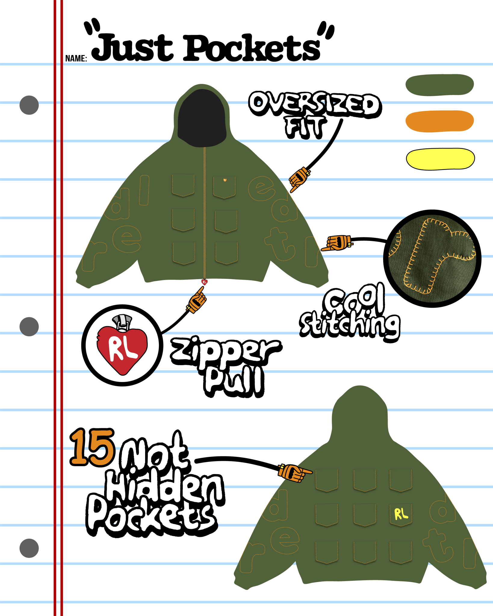 Just Pockets Scattered Zip Up - Moss - Red Letters