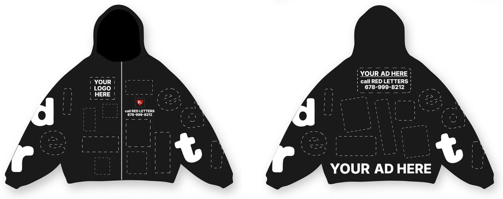 Front and back of the Your Ad Here Scattered Zip Up with dashed outlines marking each sponsor spot