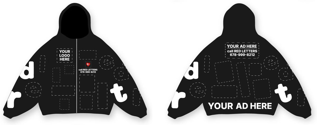 Front and back of the Your Ad Here Scattered Zip Up with dashed outlines marking each sponsor spot