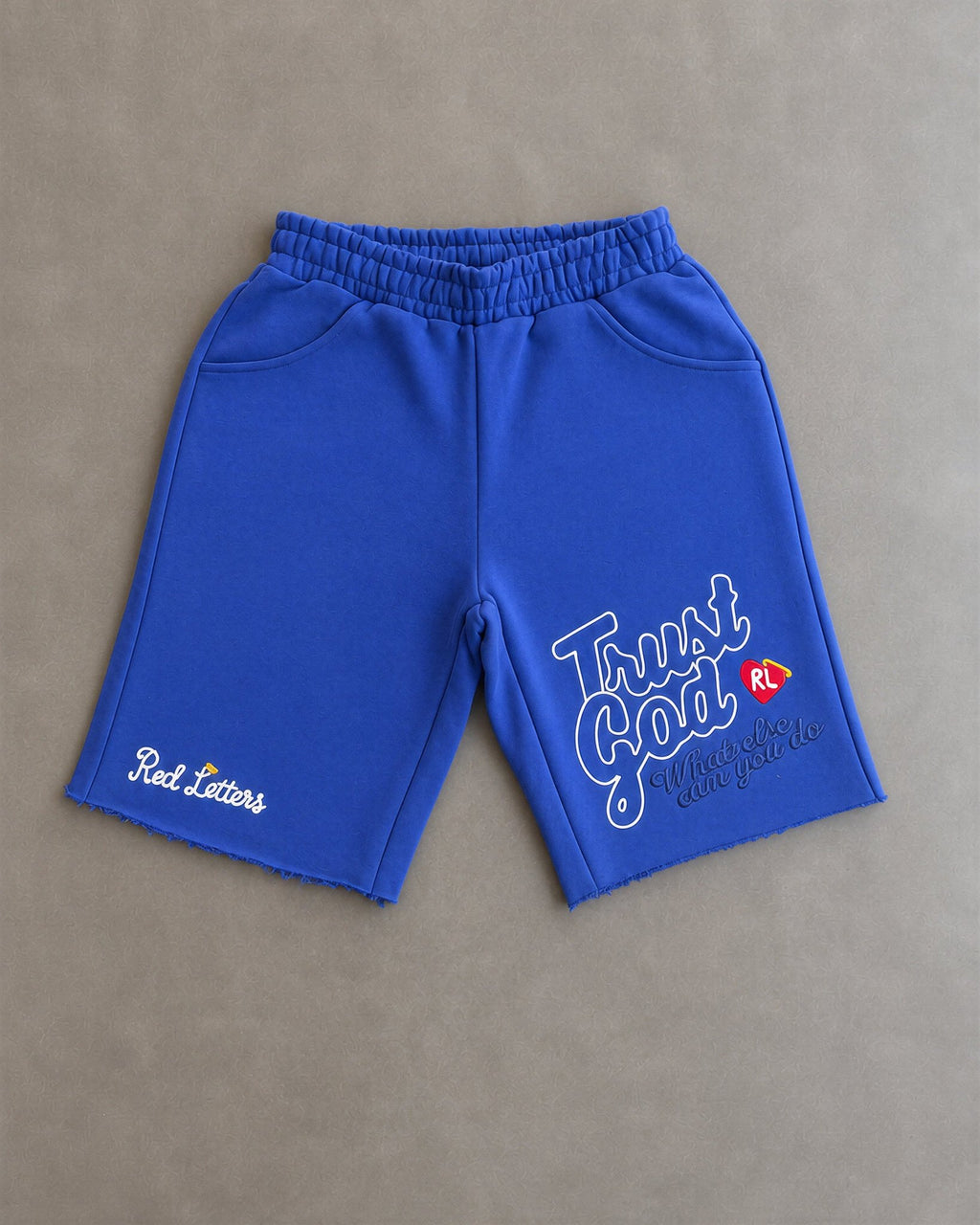 Trust God French Terry Shorts - Royal - Red Letters