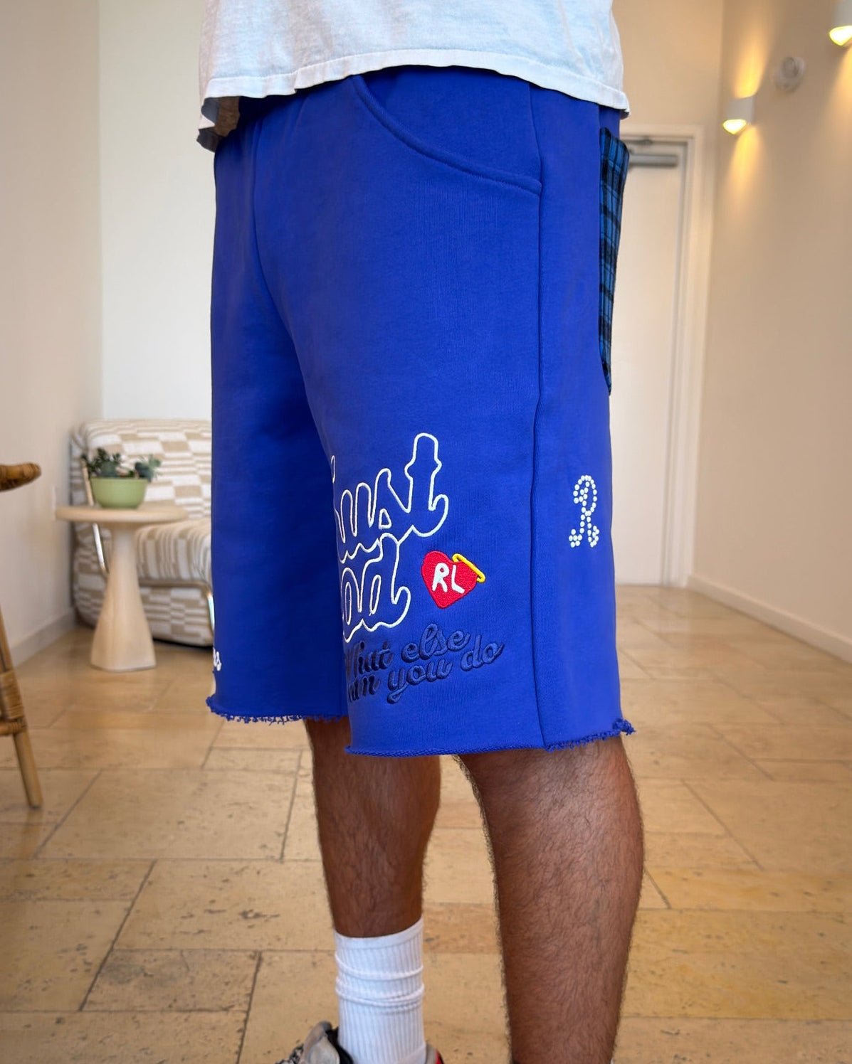 Trust God French Terry Shorts - Royal - Red Letters