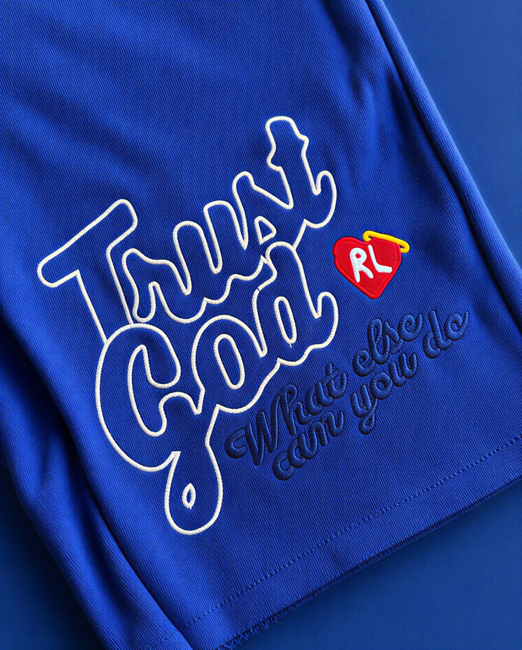 Trust God French Terry Shorts - Royal - Red Letters