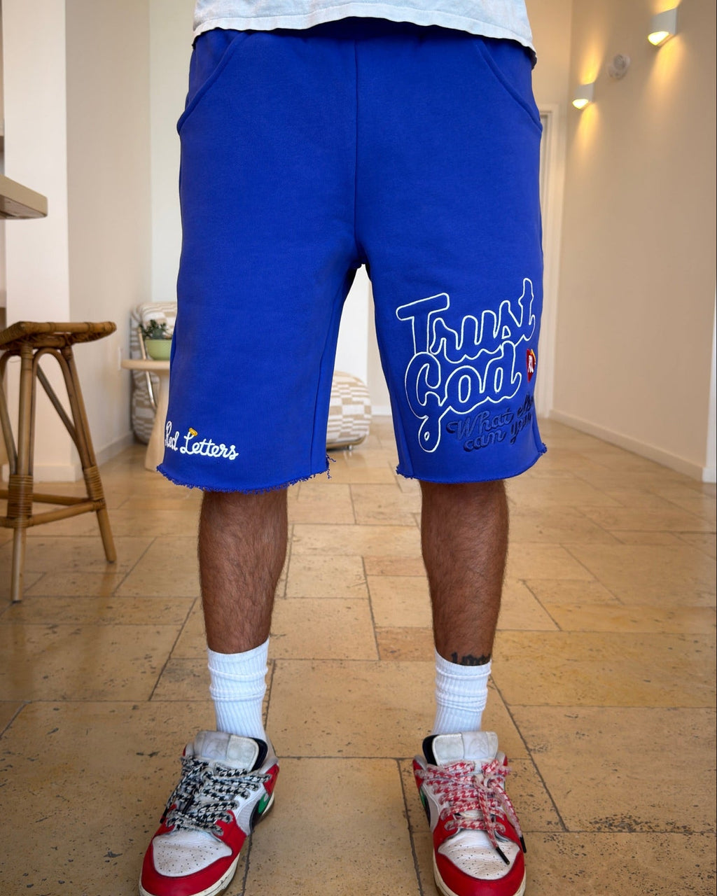 Trust God French Terry Shorts - Royal - Red Letters