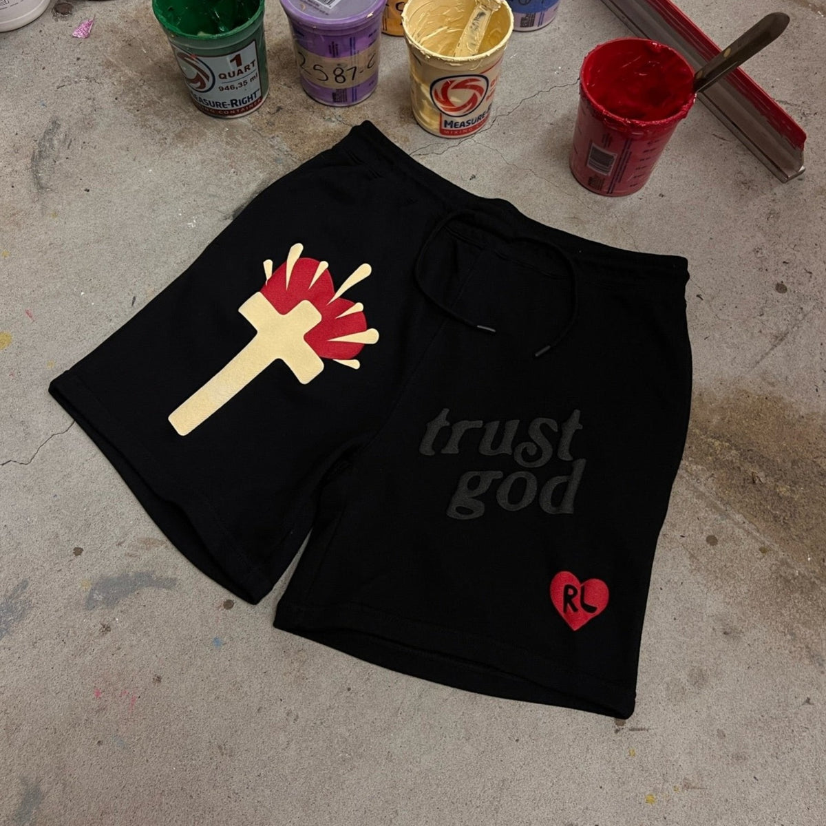 Trust God French Terry Shorts - Black - RED LETTERS