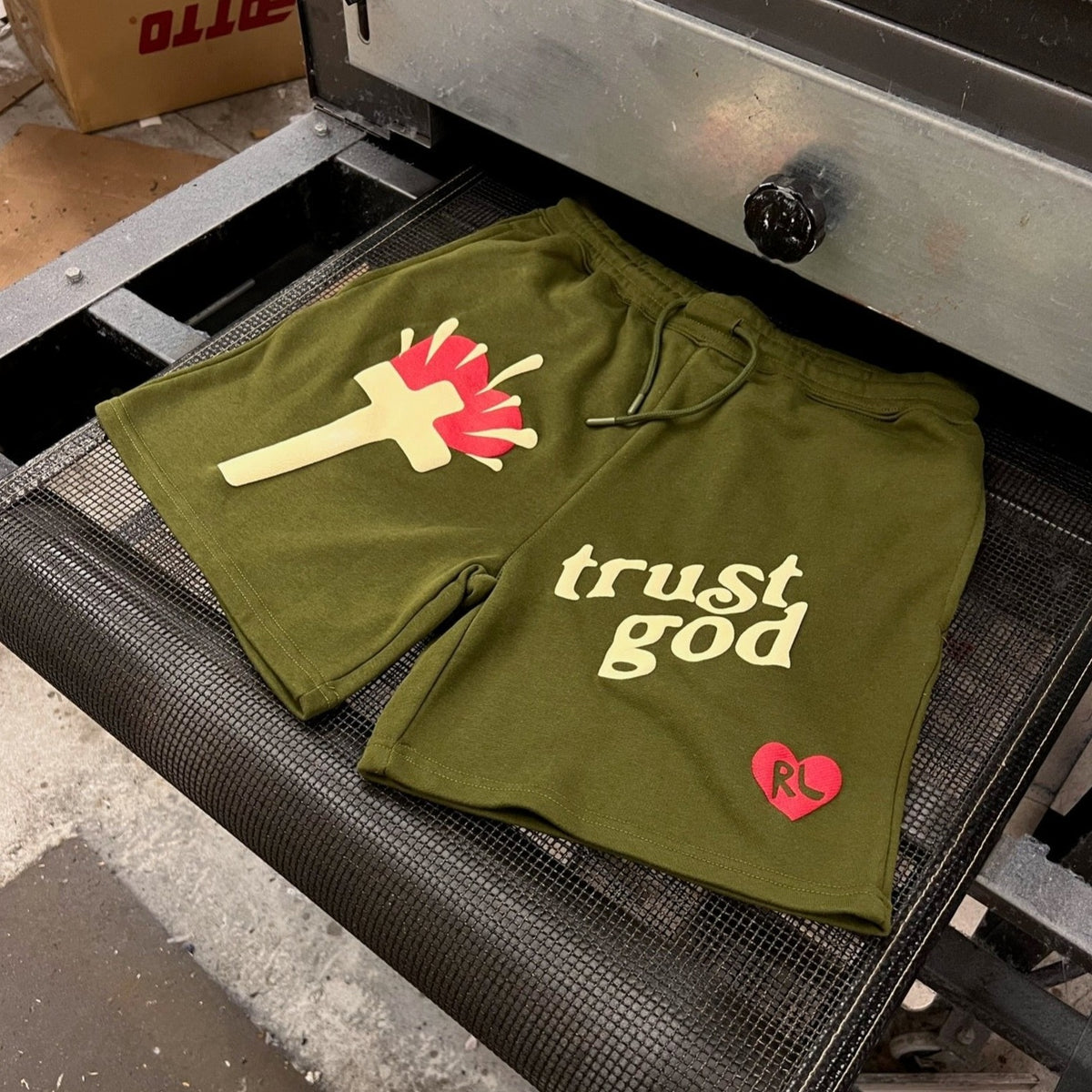 Trust God French Terry Shorts - Olive - RED LETTERS